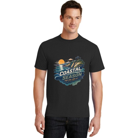 Men's Coastal Season Surf Graphic Short Sleeve Crew Neck Cotton T-Shirt