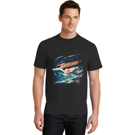 Men's Coastal Season Open Water Graphic Short Sleeve Crew Neck Cotton T-Shirt