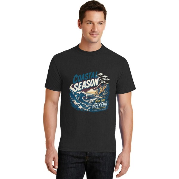 Men's Coastal Season Wave Graphic Short Sleeve Crew Neck Cotton T-Shirt
