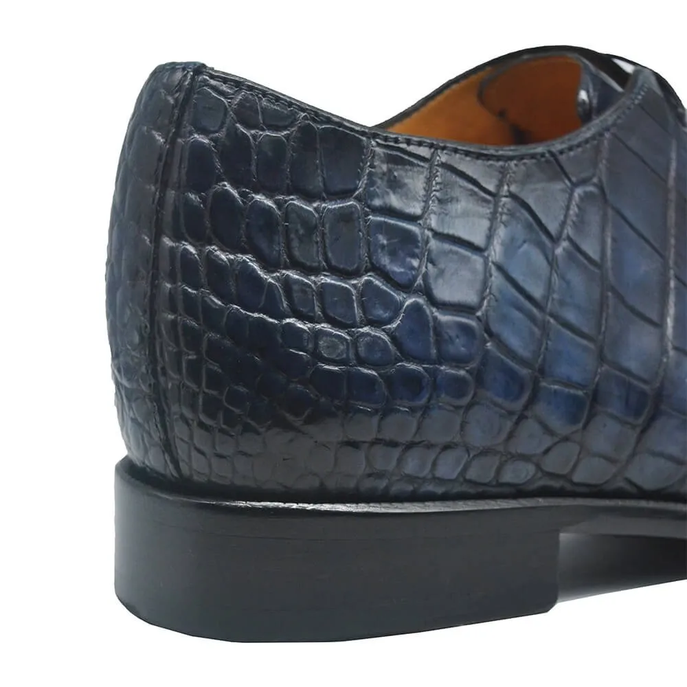 7 CM/2.76 Inches CMR CHAMARIPA Men's Navy Alligator Leather Oxford Elevator Shoes - Handcrafted Luxury Footwear
