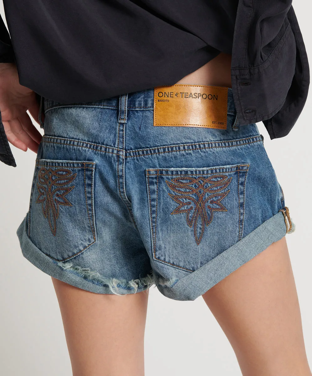 Bandits Low Waist Motif Denim Shorts - Westland Blue