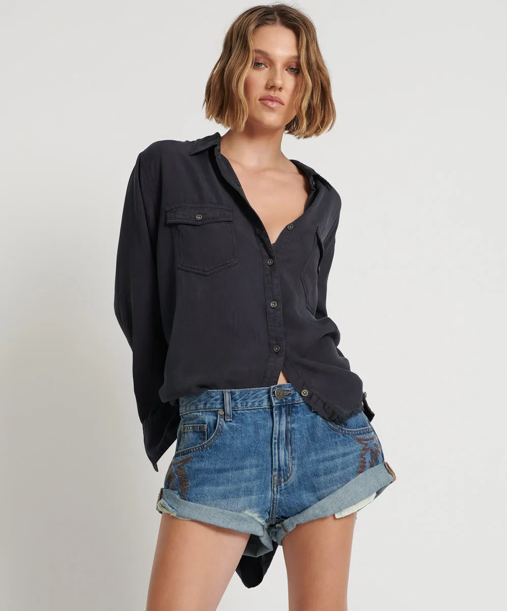Bandits Low Waist Motif Denim Shorts - Westland Blue