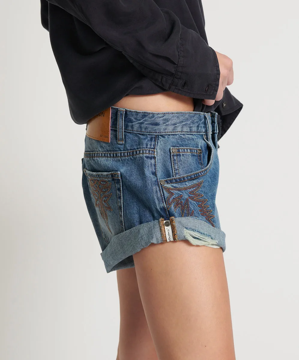 Bandits Low Waist Motif Denim Shorts - Westland Blue