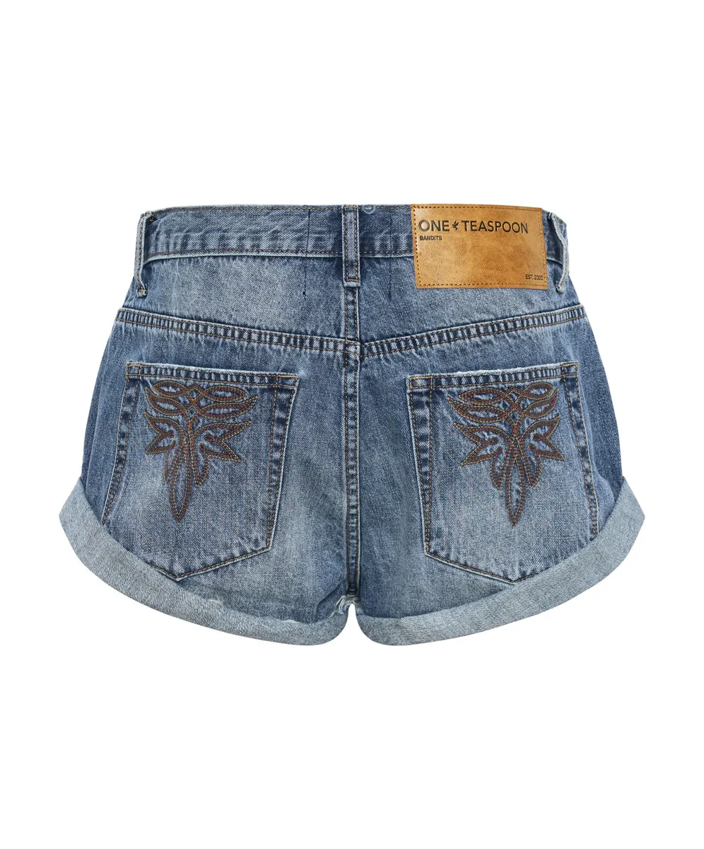 Bandits Low Waist Motif Denim Shorts - Westland Blue