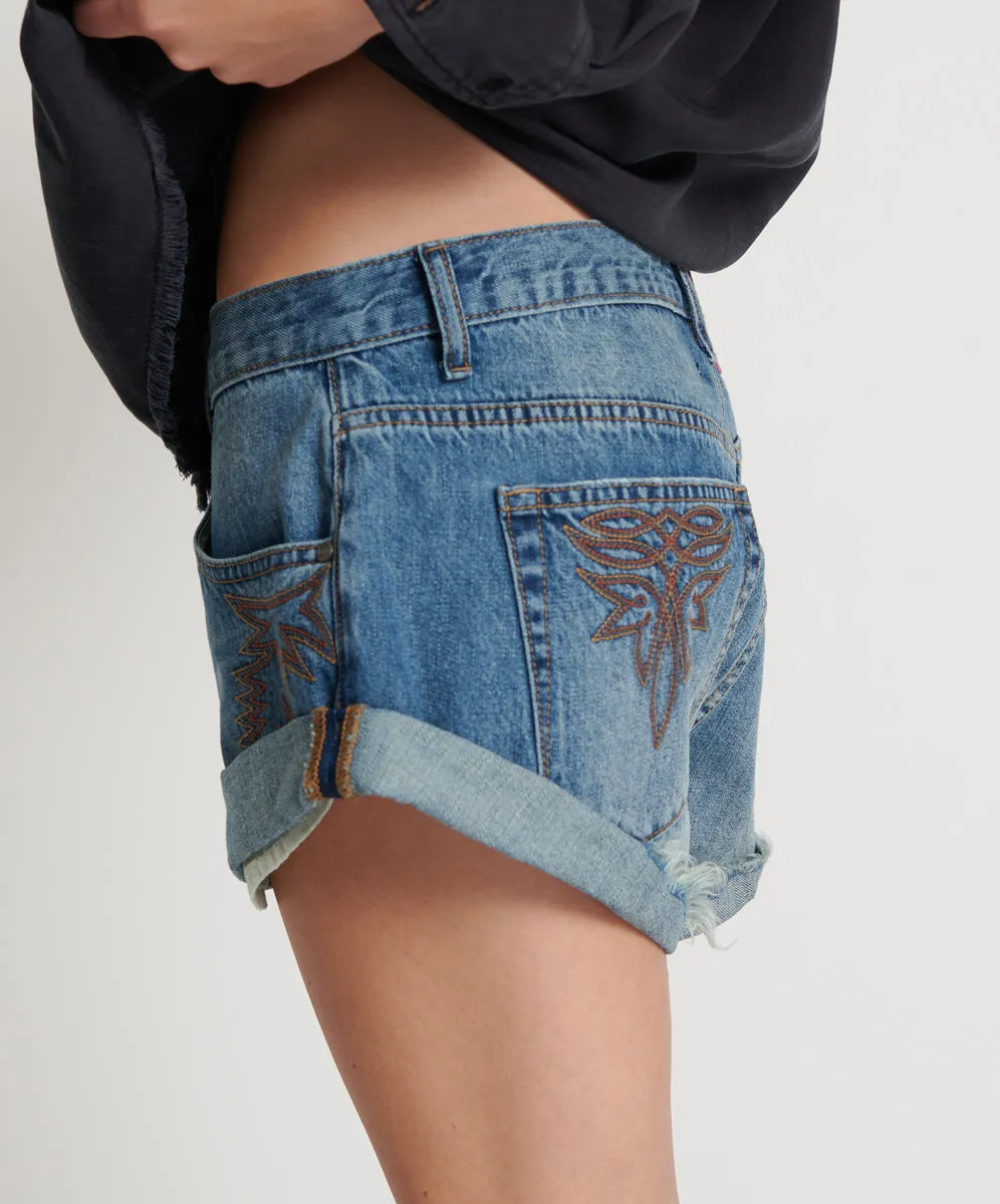 Bandits Low Waist Motif Denim Shorts - Westland Blue