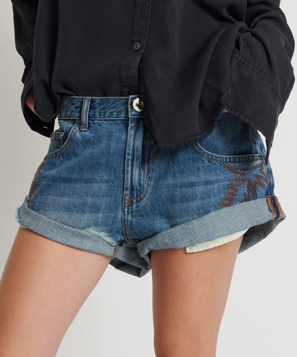 Bandits Low Waist Motif Denim Shorts - Westland Blue