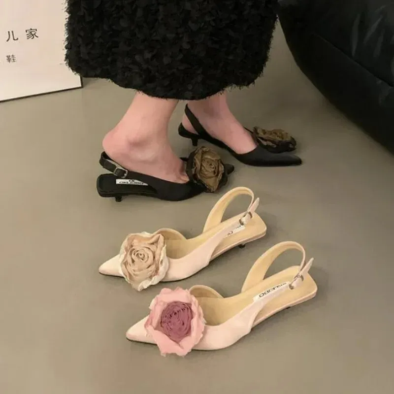 binfenxie New Flower Designer Sandals Women Elegant Satin Mule Shoes Summer Pointed Toe Pumps Low Heel Flowers Slingback Sandals Female