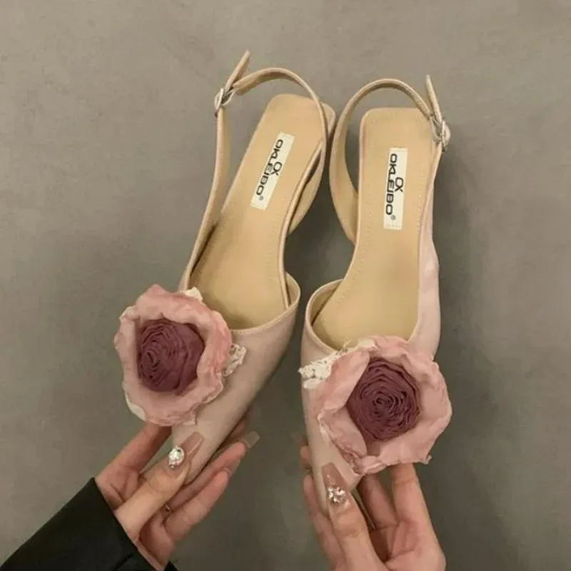 binfenxie New Flower Designer Sandals Women Elegant Satin Mule Shoes Summer Pointed Toe Pumps Low Heel Flowers Slingback Sandals Female
