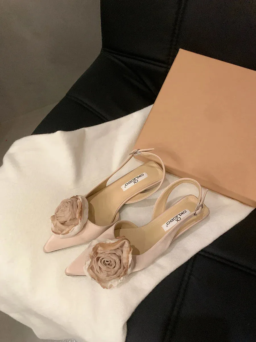 binfenxie New Flower Designer Sandals Women Elegant Satin Mule Shoes Summer Pointed Toe Pumps Low Heel Flowers Slingback Sandals Female