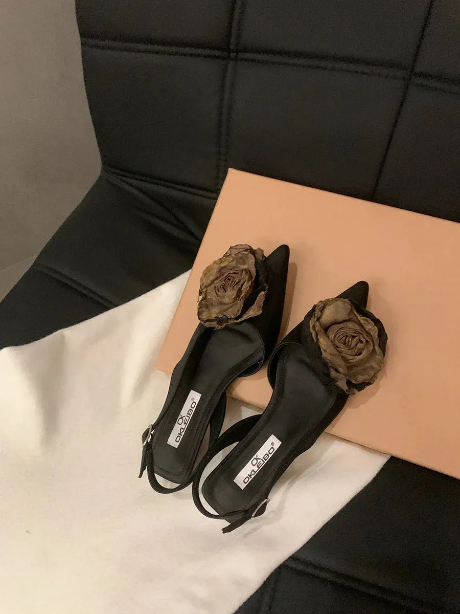 binfenxie New Flower Designer Sandals Women Elegant Satin Mule Shoes Summer Pointed Toe Pumps Low Heel Flowers Slingback Sandals Female