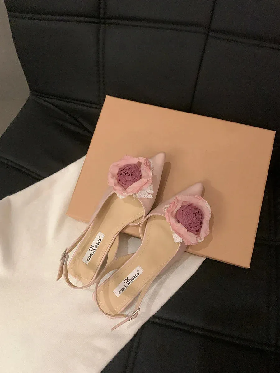 binfenxie New Flower Designer Sandals Women Elegant Satin Mule Shoes Summer Pointed Toe Pumps Low Heel Flowers Slingback Sandals Female