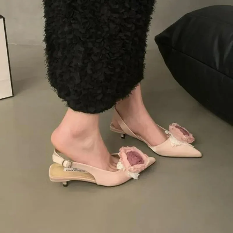 binfenxie New Flower Designer Sandals Women Elegant Satin Mule Shoes Summer Pointed Toe Pumps Low Heel Flowers Slingback Sandals Female