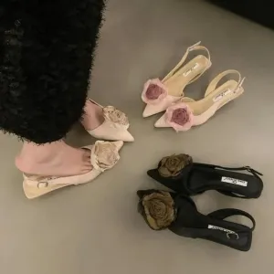 binfenxie New Flower Designer Sandals Women Elegant Satin Mule Shoes Summer Pointed Toe Pumps Low Heel Flowers Slingback Sandals Female