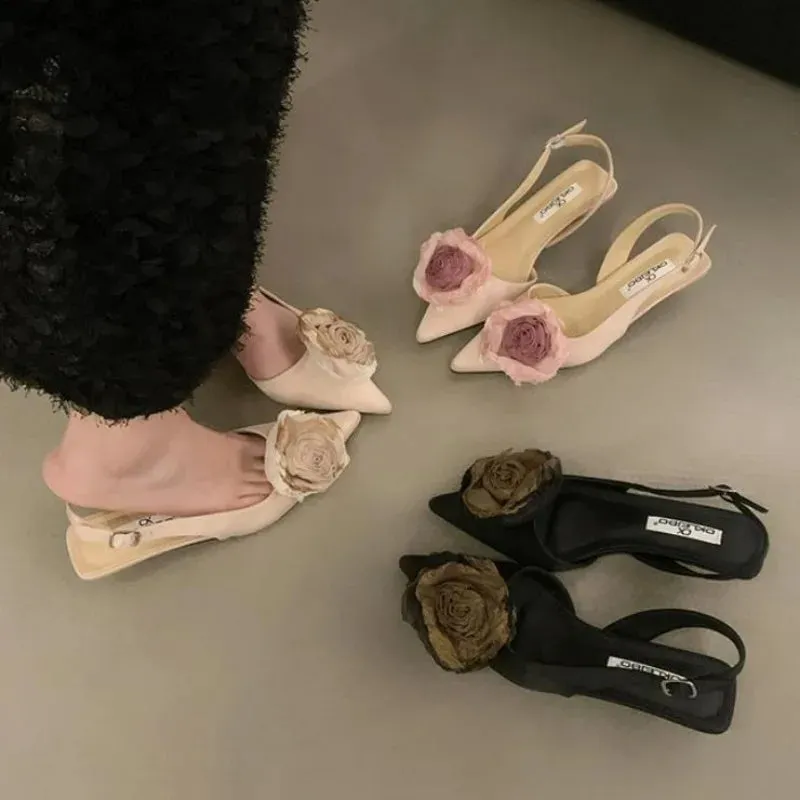 binfenxie New Flower Designer Sandals Women Elegant Satin Mule Shoes Summer Pointed Toe Pumps Low Heel Flowers Slingback Sandals Female