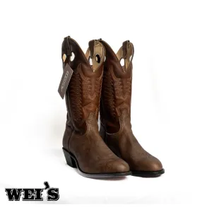 Boulet Men's Cowboy Boots 13" Oiled Taurus Bullhide Cowboy Heel R Toe with Flame Stitching in 2-tone Brown