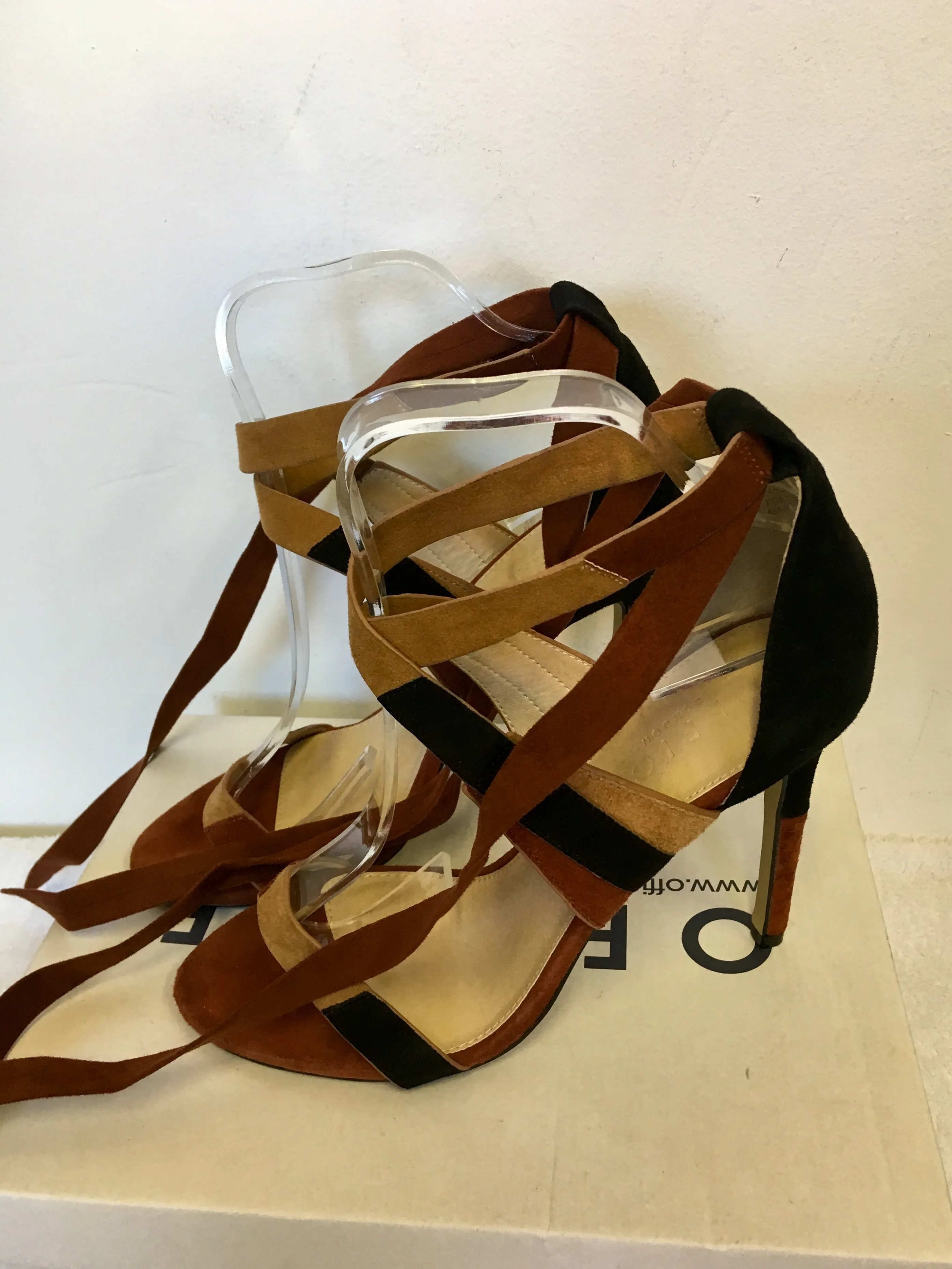 BRAND NEW OFFICE BROWN & BLACK SUEDE PATCHWORK ANKLE TIE HEEL SANDALS SIZE 5/38