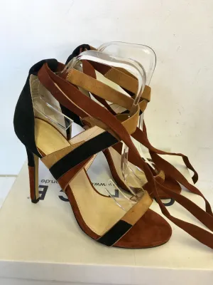 BRAND NEW OFFICE BROWN & BLACK SUEDE PATCHWORK ANKLE TIE HEEL SANDALS SIZE 5/38