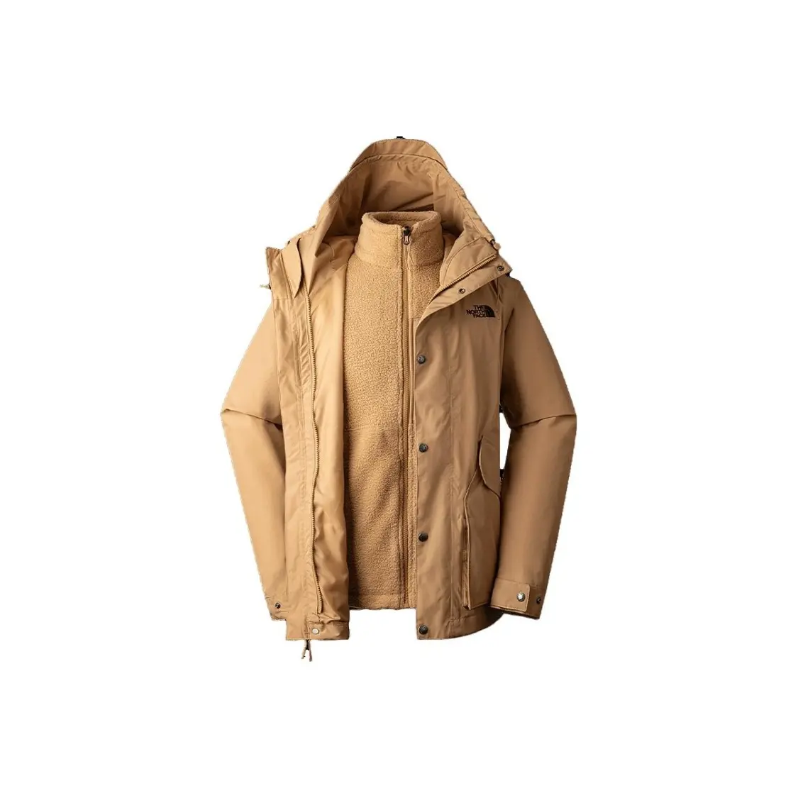 The North Face Urban Exploration 3-in-1 fleece inner liner athletic hooded zip waterproof and windproof warm hardshell jacket men's Khaki