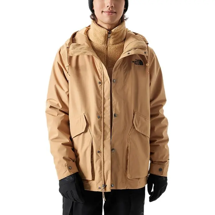 The North Face Urban Exploration 3-in-1 fleece inner liner athletic hooded zip waterproof and windproof warm hardshell jacket men's Khaki