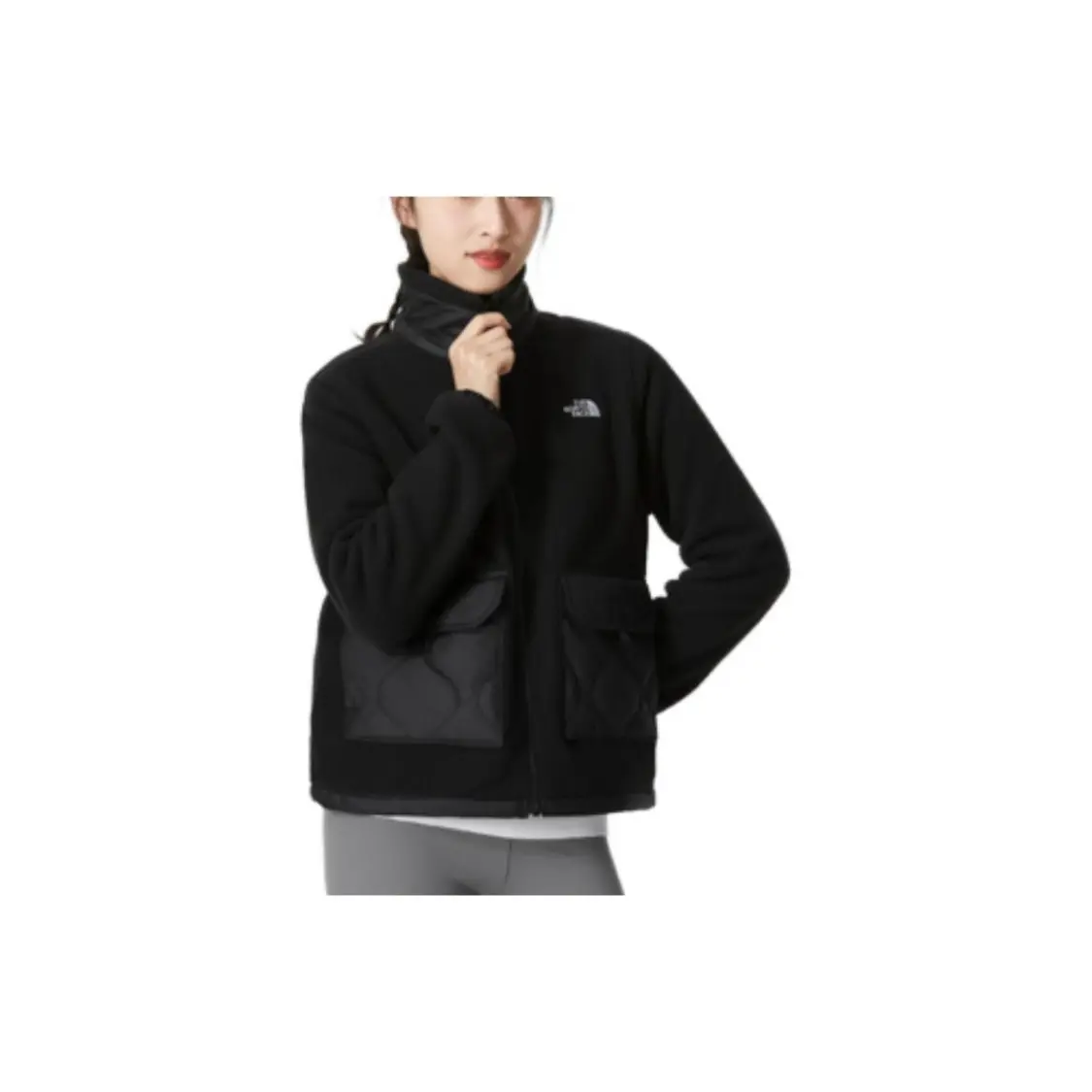 The North Face Urban Exploration outdoor casual colour block logo embroidered zip fleece vintage stand collar jacket women's Black
