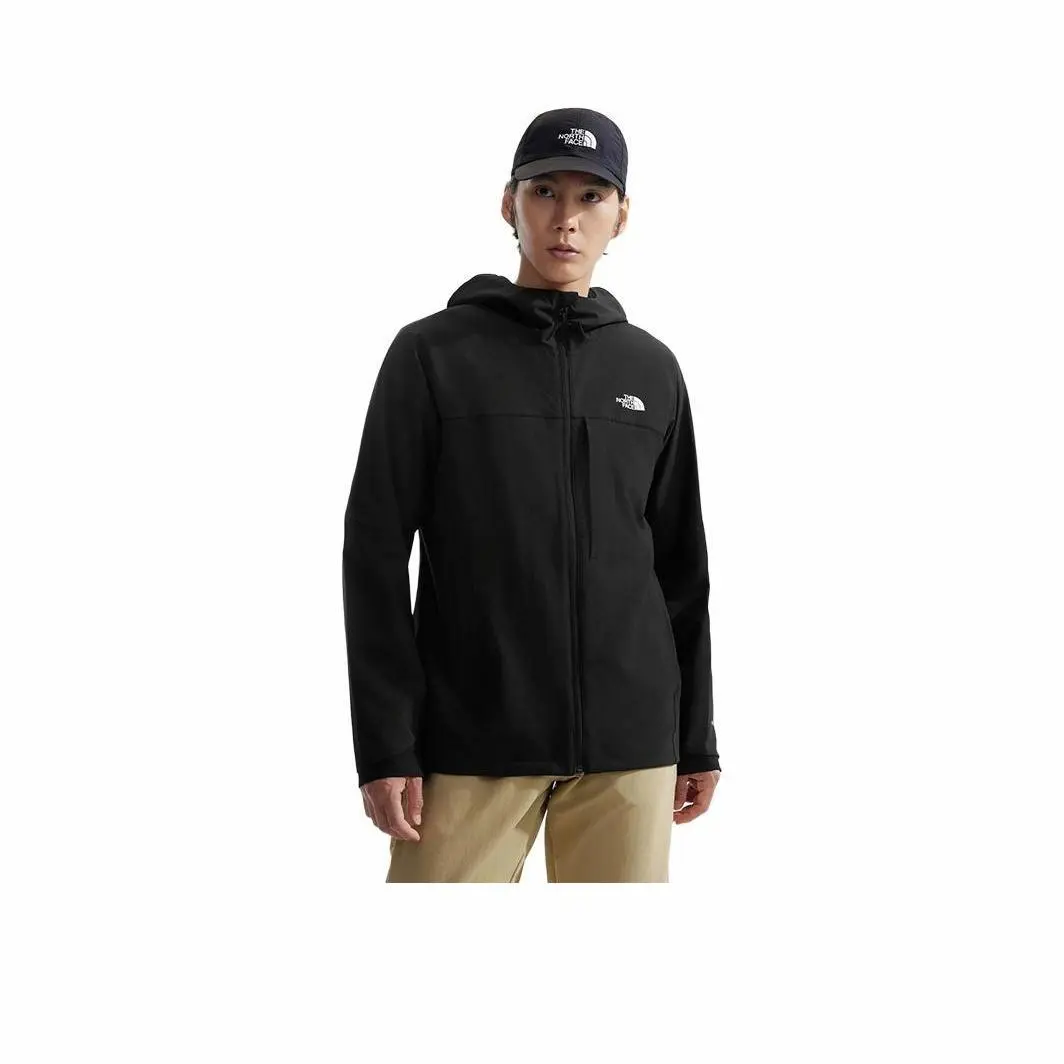 The North Face relaxed fit Solid hooded zip long sleeve softshell windproof water-repellent jacket outerwear men's Black