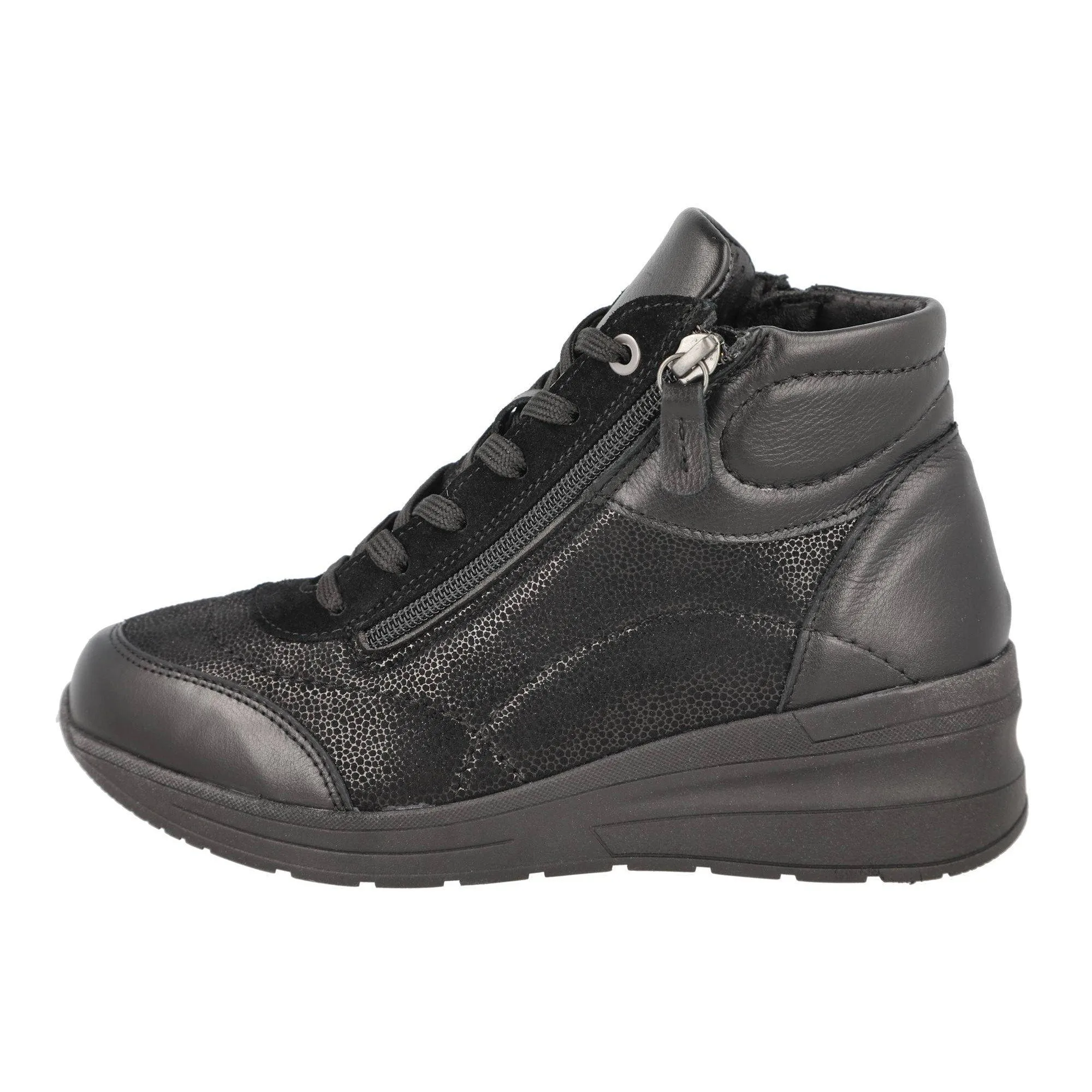 DB Shoes Antelope 2V Ladies Wide Black Leather & Textile Zip & Lace Ankle Boots