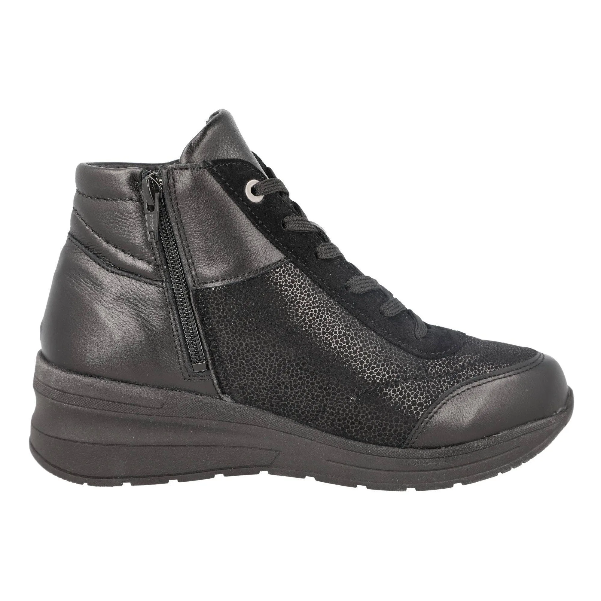 DB Shoes Antelope 2V Ladies Wide Black Leather & Textile Zip & Lace Ankle Boots