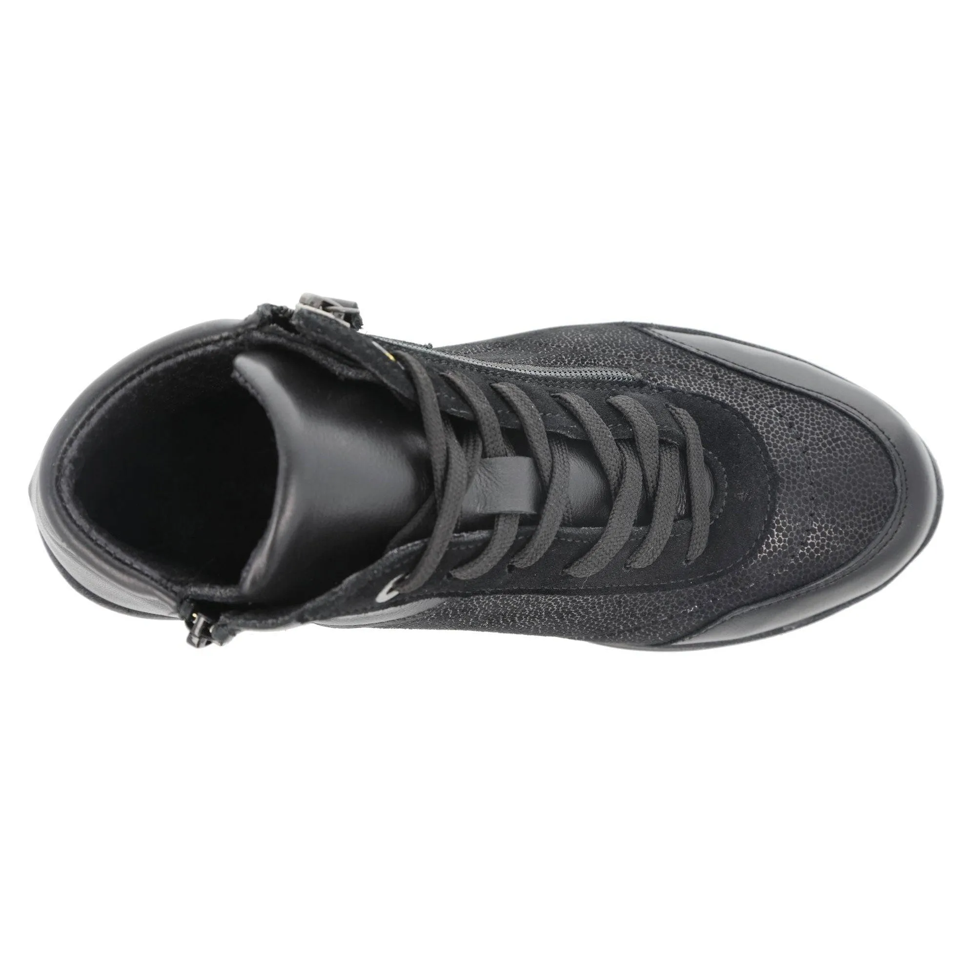 DB Shoes Antelope 2V Ladies Wide Black Leather & Textile Zip & Lace Ankle Boots