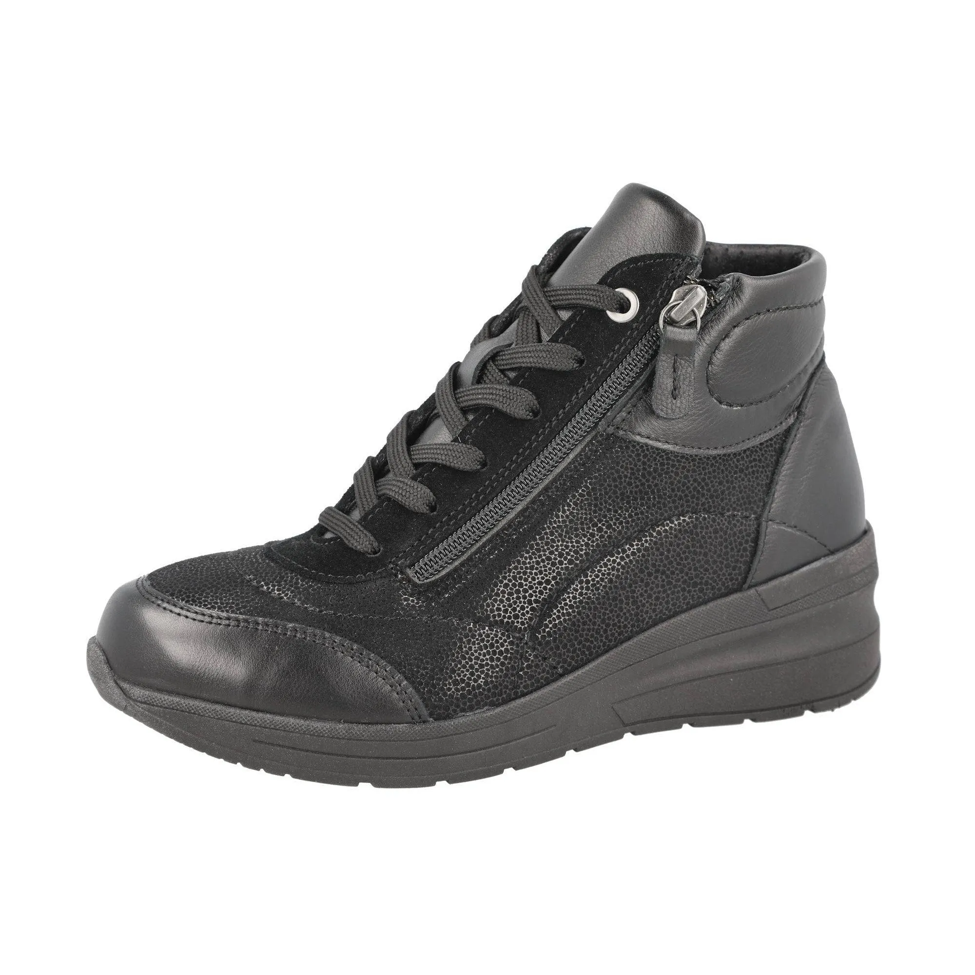 DB Shoes Antelope 2V Ladies Wide Black Leather & Textile Zip & Lace Ankle Boots