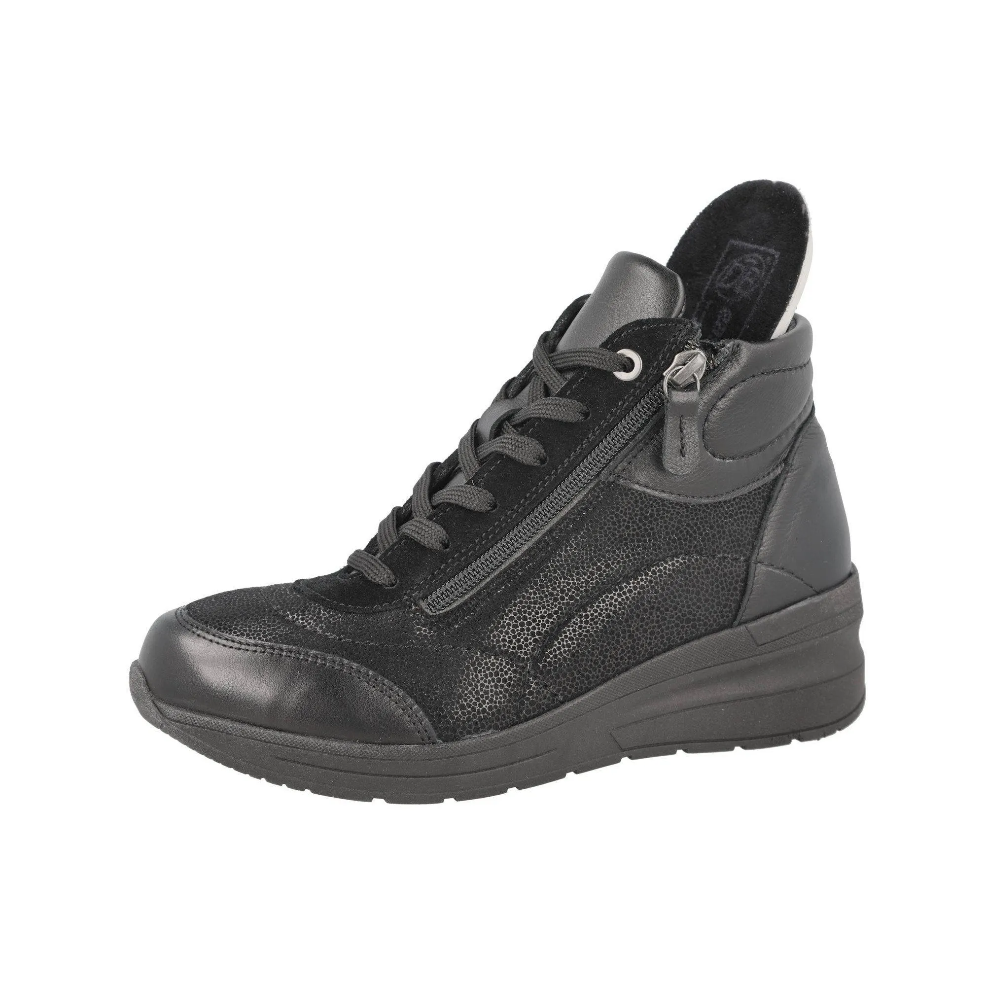 DB Shoes Antelope 2V Ladies Wide Black Leather & Textile Zip & Lace Ankle Boots