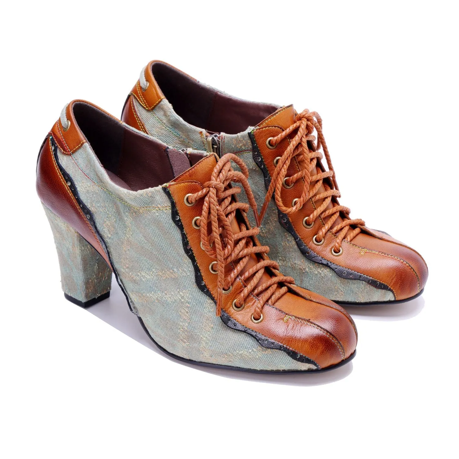 Denim Patchwork Contrast Color Lace-Up Zipper Pump (Ingrid)
