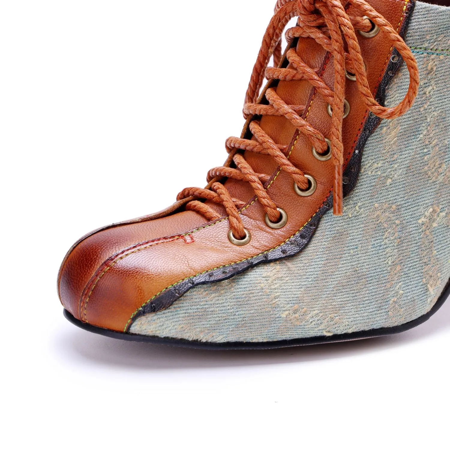 Denim Patchwork Contrast Color Lace-Up Zipper Pump (Ingrid)