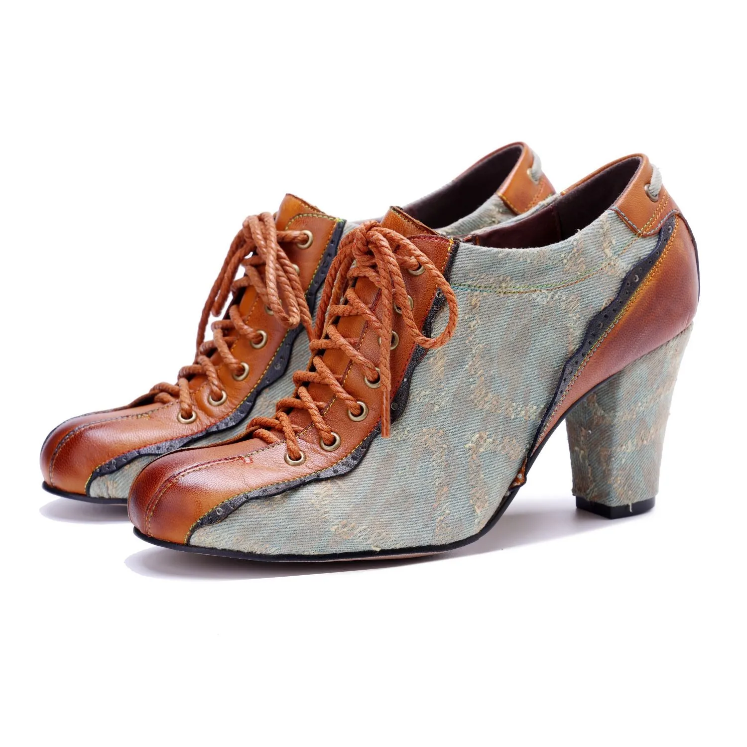 Denim Patchwork Contrast Color Lace-Up Zipper Pump (Ingrid)