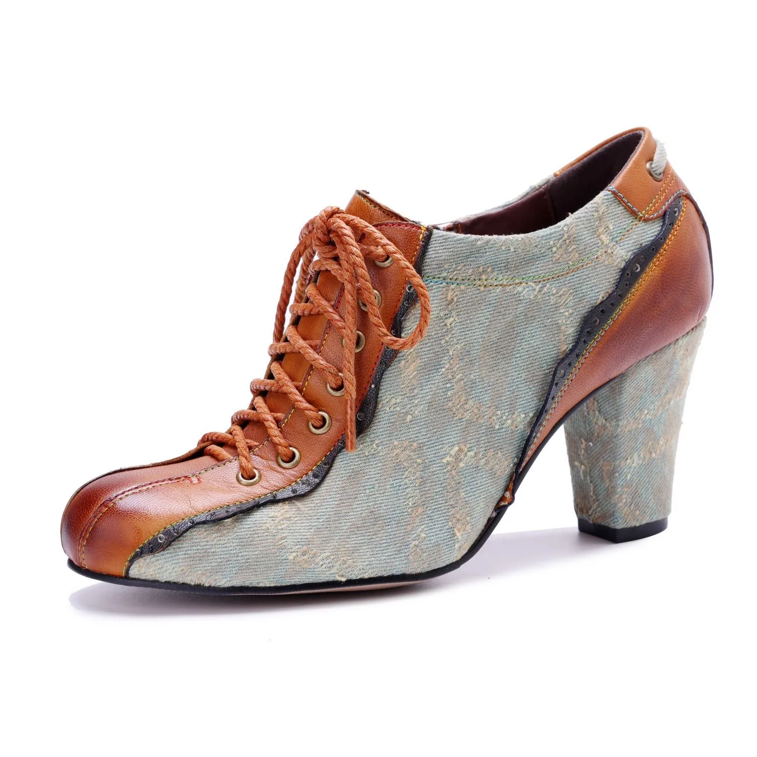 Denim Patchwork Contrast Color Lace-Up Zipper Pump (Ingrid)