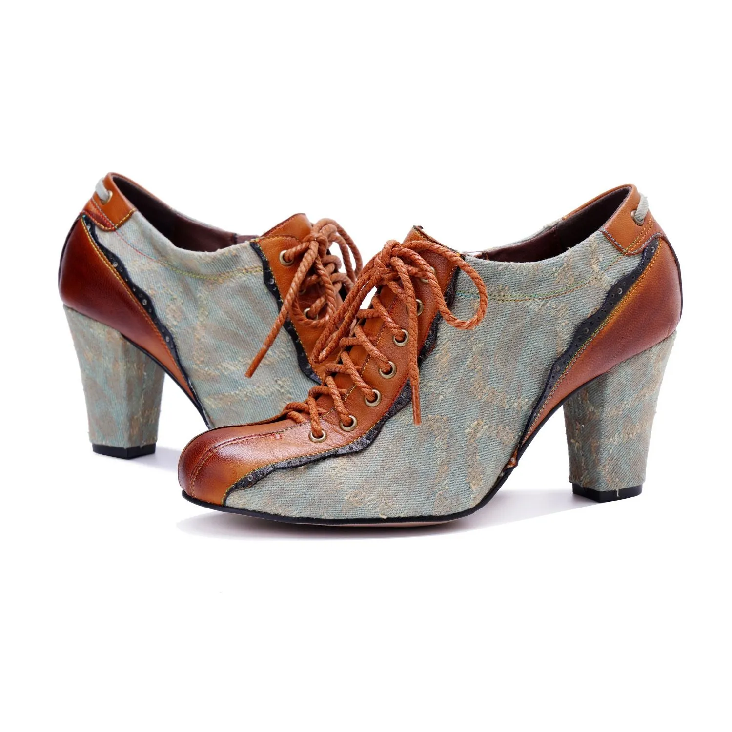 Denim Patchwork Contrast Color Lace-Up Zipper Pump (Ingrid)