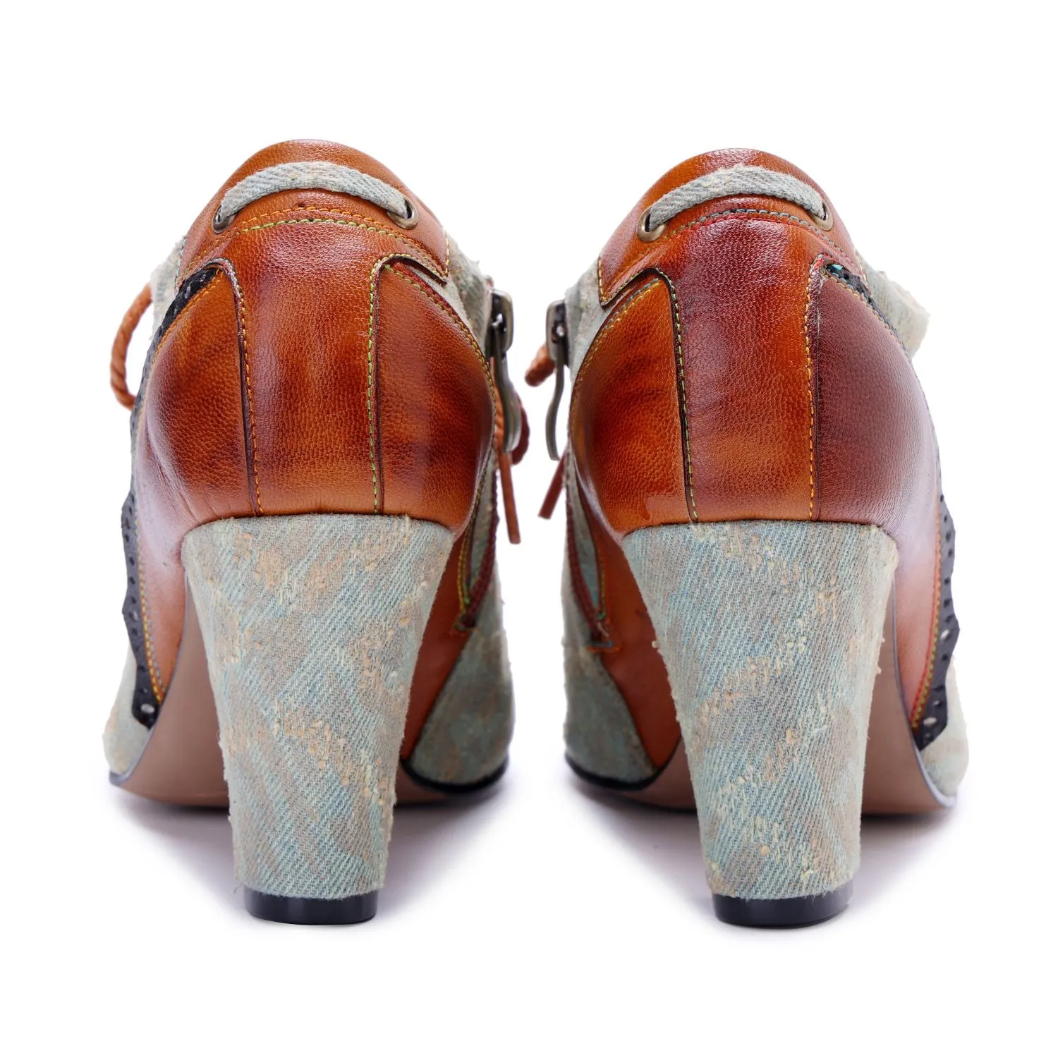 Denim Patchwork Contrast Color Lace-Up Zipper Pump (Ingrid)