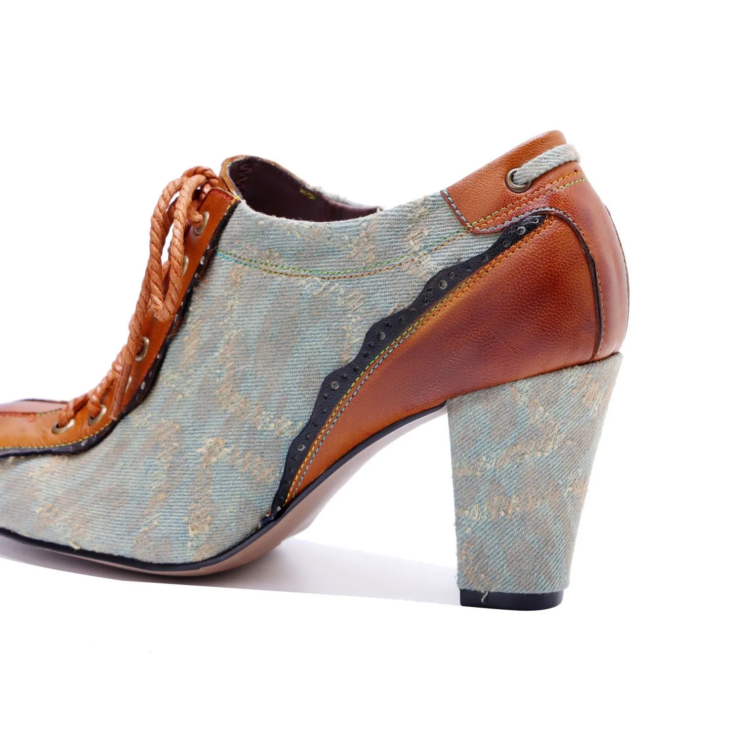 Denim Patchwork Contrast Color Lace-Up Zipper Pump (Ingrid)