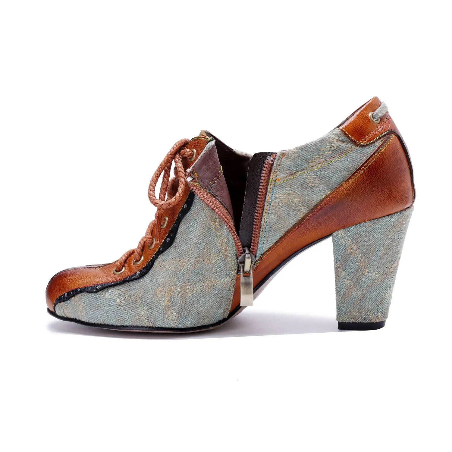 Denim Patchwork Contrast Color Lace-Up Zipper Pump (Ingrid)