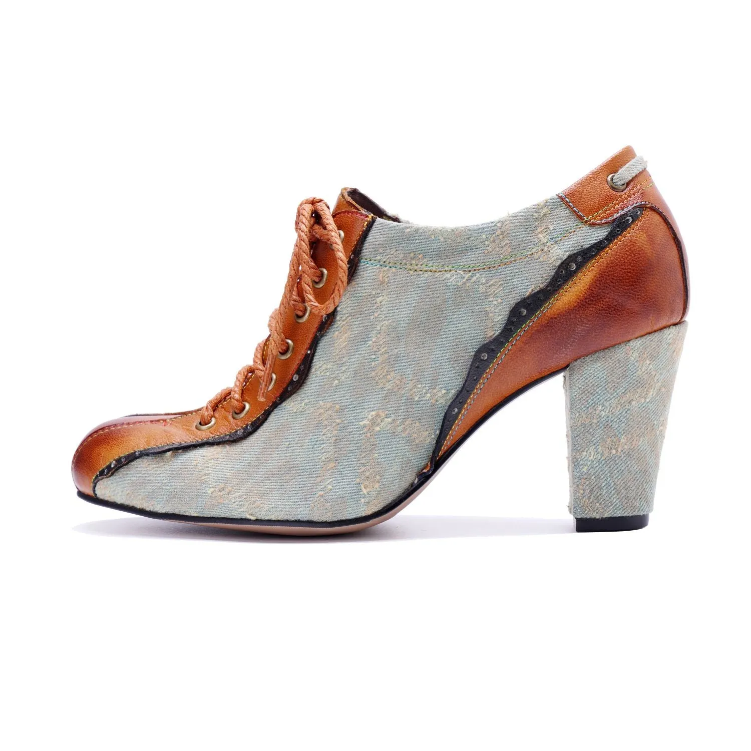 Denim Patchwork Contrast Color Lace-Up Zipper Pump (Ingrid)