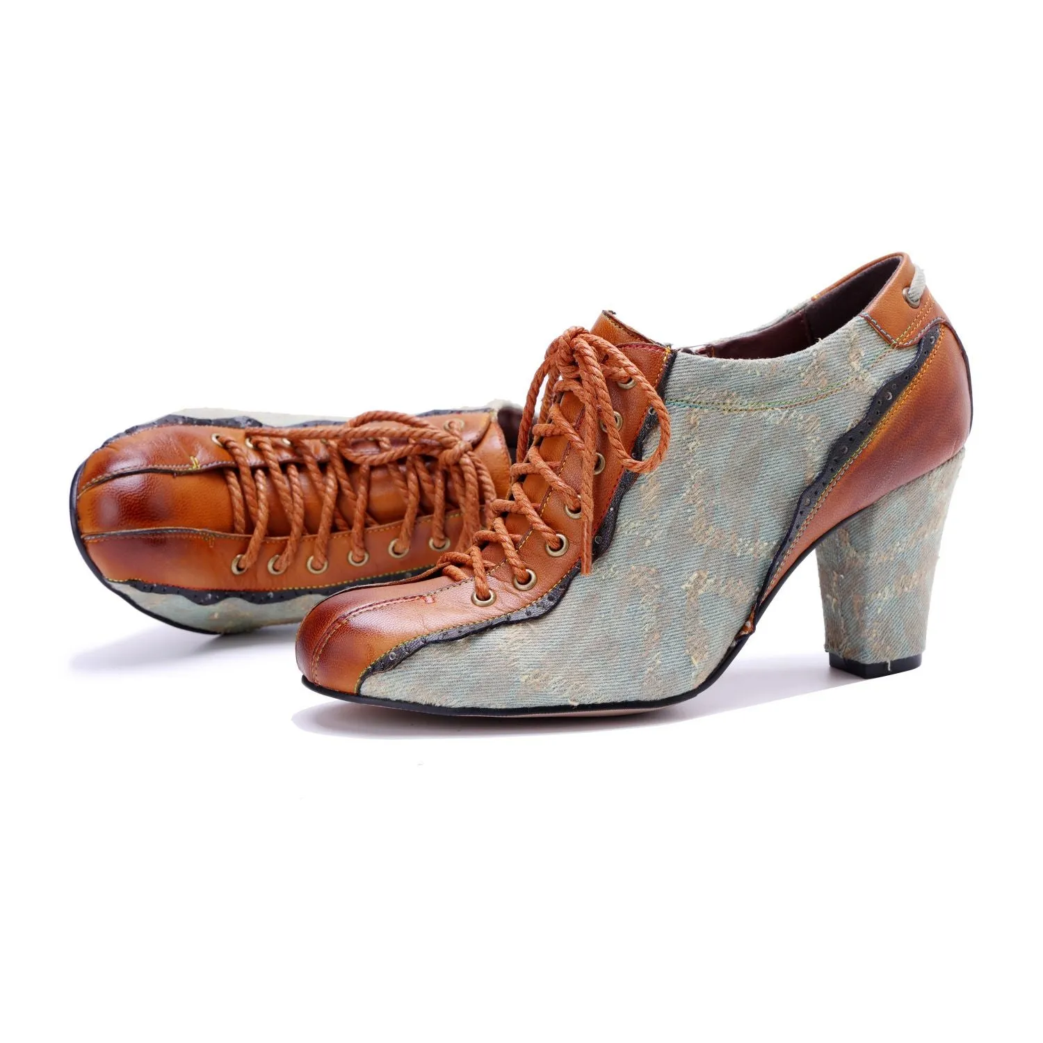 Denim Patchwork Contrast Color Lace-Up Zipper Pump (Ingrid)