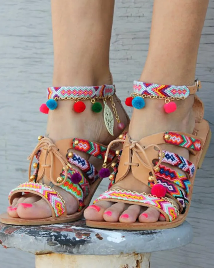 Ethnic Style Pom Pom Lace-up Casual Flat Sandals