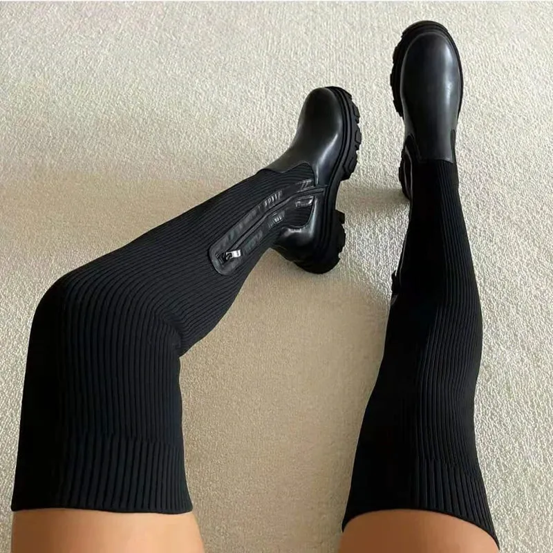 Fashion Patchwork Solid Color Round Keep Warm High Boots