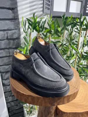 HolloMen Gray Leather Chunky Sole Derby Shoes.