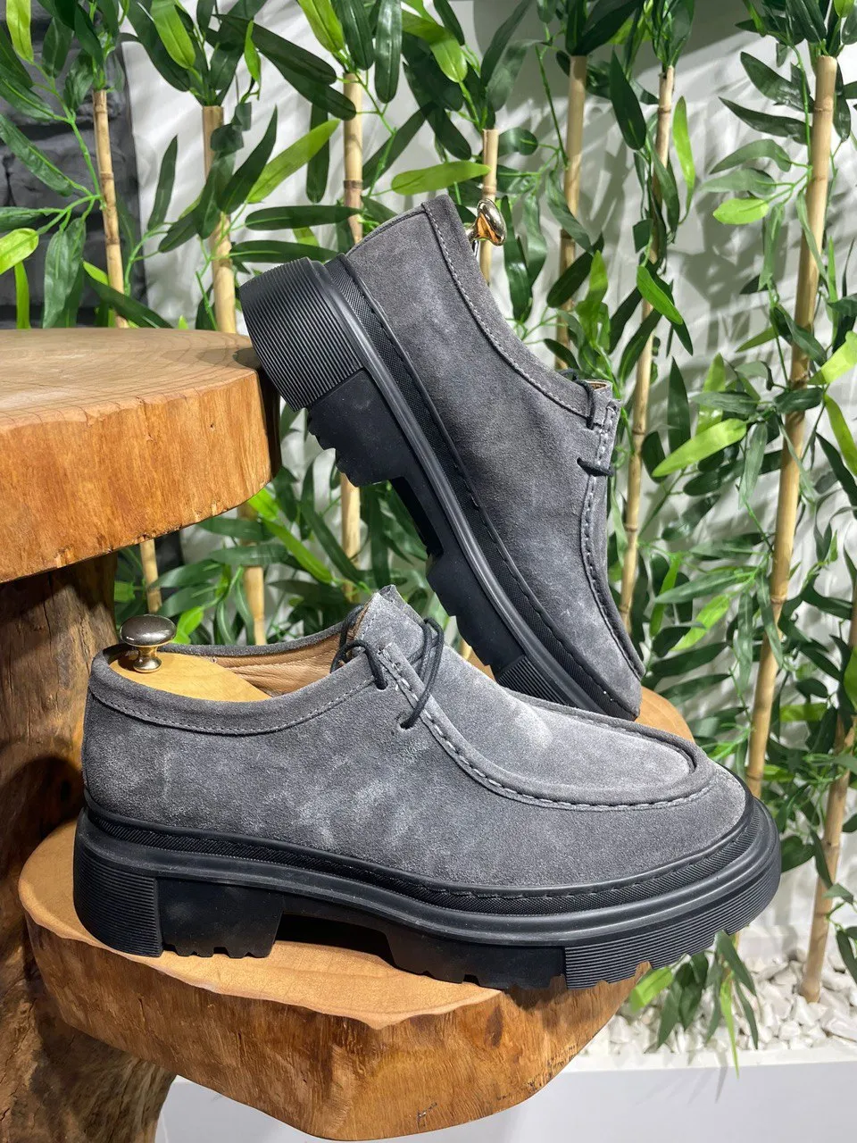HolloMen Gray Leather Chunky Sole Derby Shoes.