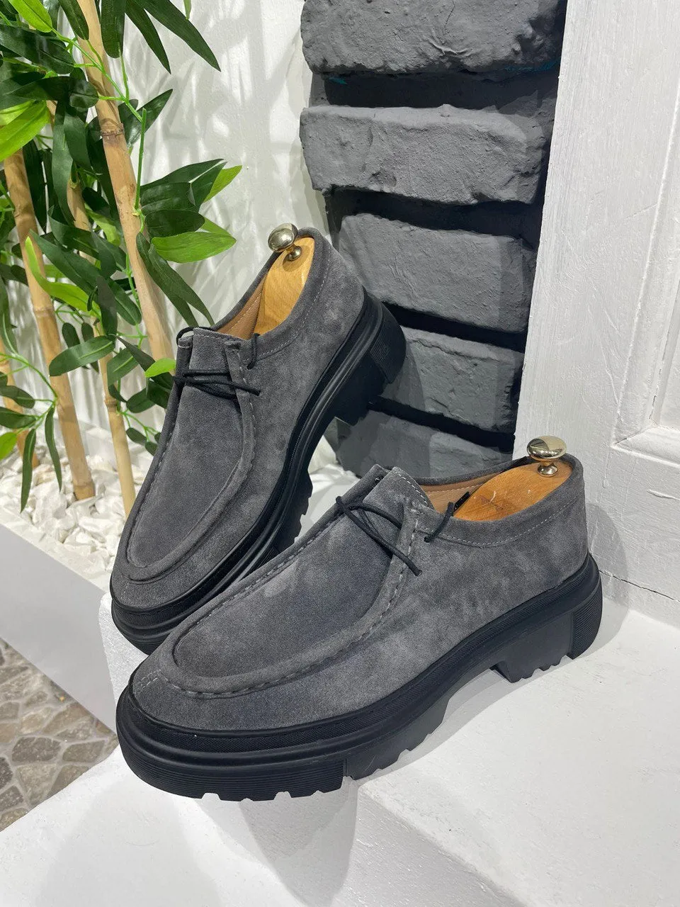 HolloMen Gray Leather Chunky Sole Derby Shoes.