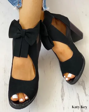 KatyKey - Chic Peep Toe Sandals with Mesh Insert, Bowknot Accent, and Chunky Heel
