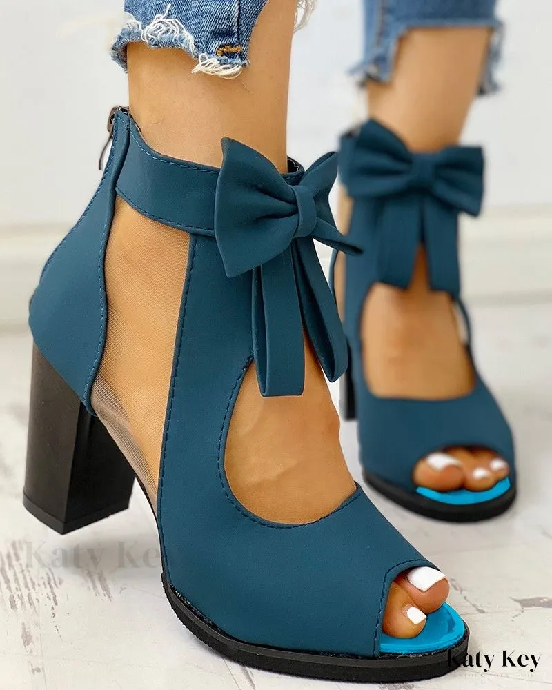 KatyKey - Chic Peep Toe Sandals with Mesh Insert, Bowknot Accent, and Chunky Heel