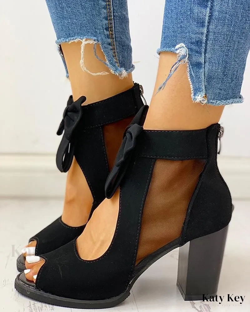 KatyKey - Chic Peep Toe Sandals with Mesh Insert, Bowknot Accent, and Chunky Heel