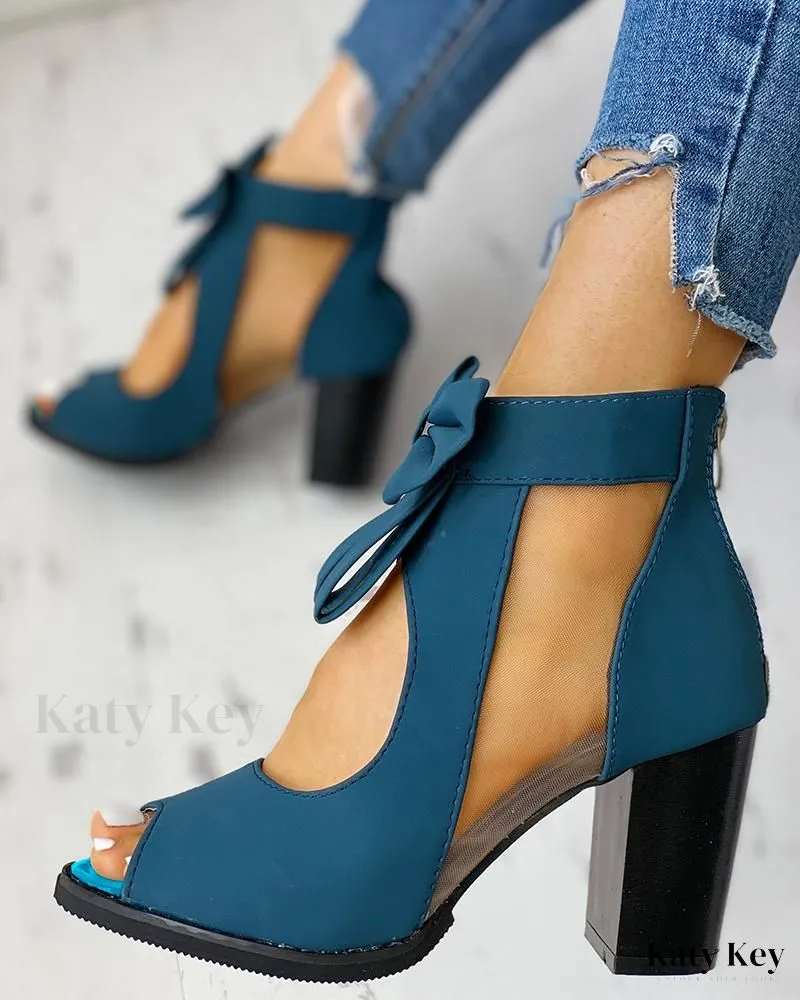KatyKey - Chic Peep Toe Sandals with Mesh Insert, Bowknot Accent, and Chunky Heel