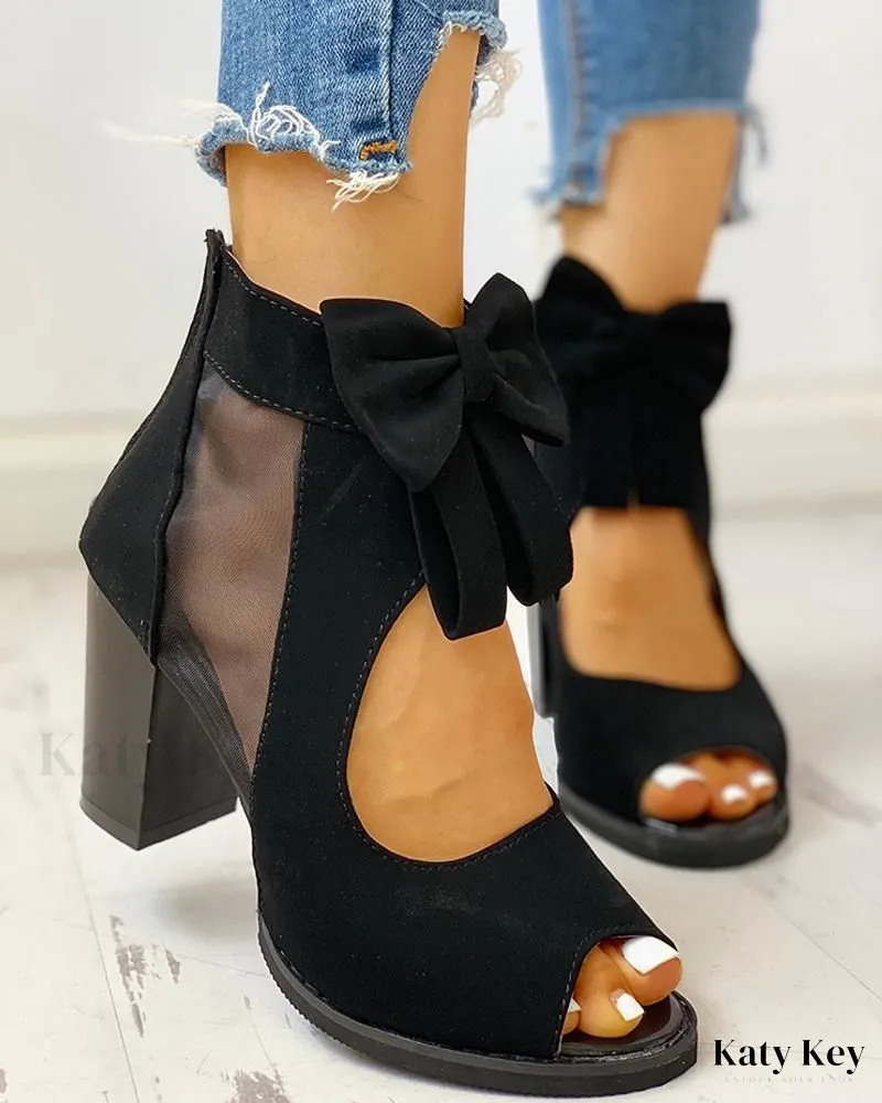 KatyKey - Chic Peep Toe Sandals with Mesh Insert, Bowknot Accent, and Chunky Heel